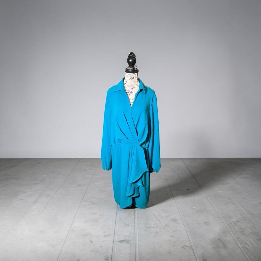 NWT Trina Turk Revelry Faux Wrap Dress Mosaic Blue Teal Long Sleeve Size 16 $348